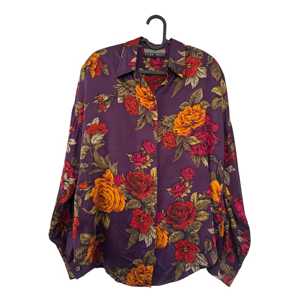 Linda Allard Ellen Tracy Purple Floral Button Down Blouse Long Sleeve Top